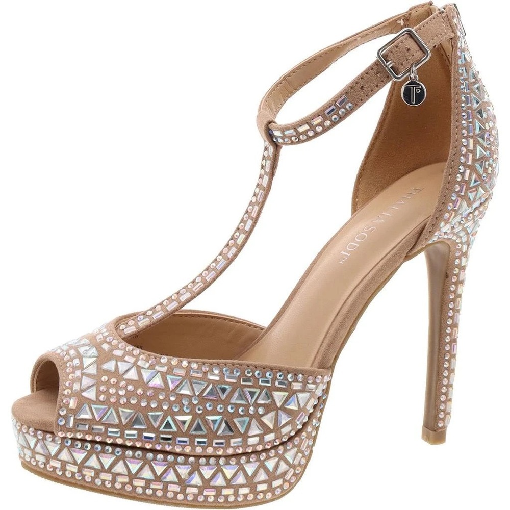 Thalia Sodi Beige Rhinestone T-Strap Peep-Toe Heels